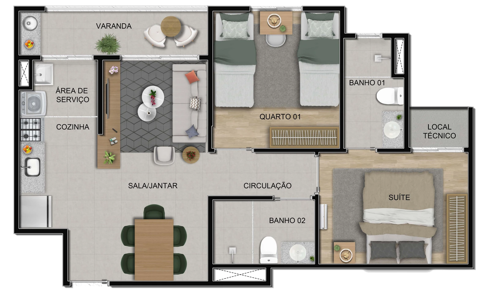 Planta 2 quartos com Suíte · Opções de 60m² a 80m²
